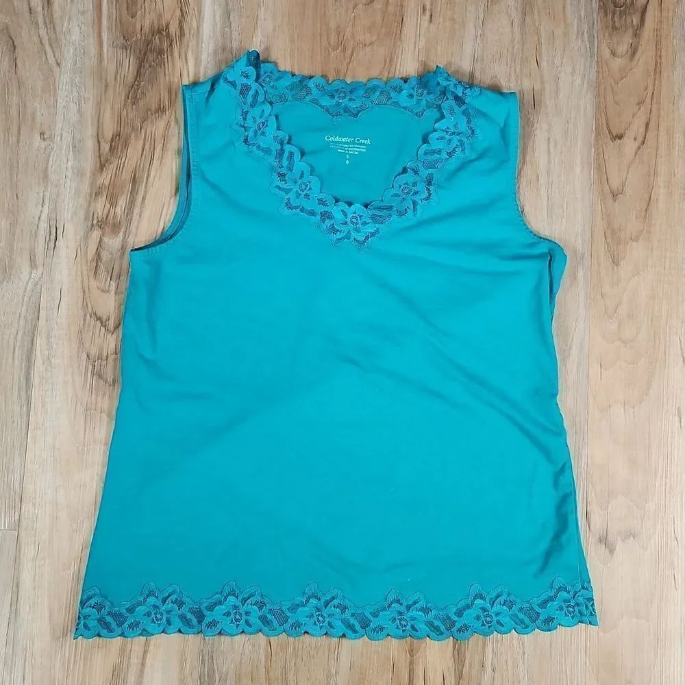 🐞Coldwater Creek Teal Floral Lace Trimmed Sleeveless Top Small
